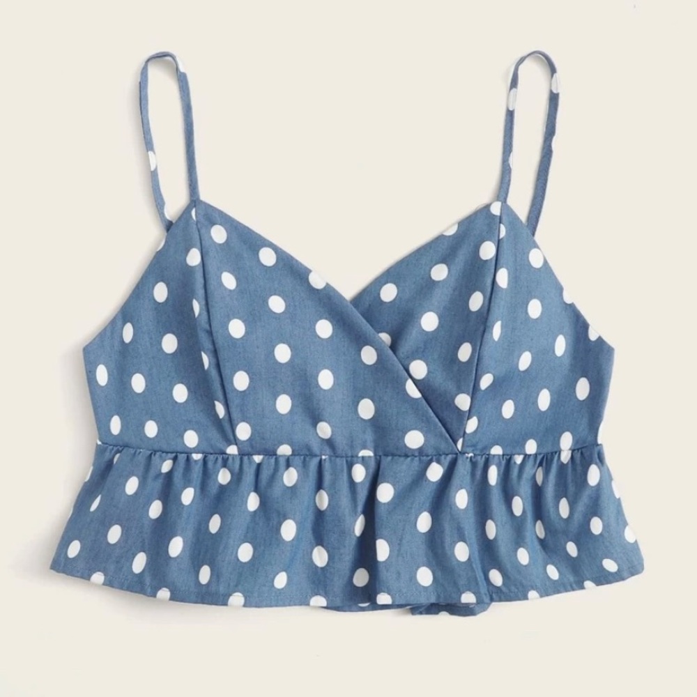 Polka Dot Ruffle Hem Denim Cami Top